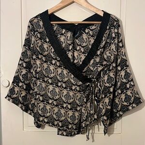 Elegant Black and Cream Paisley Wrap Blouse
